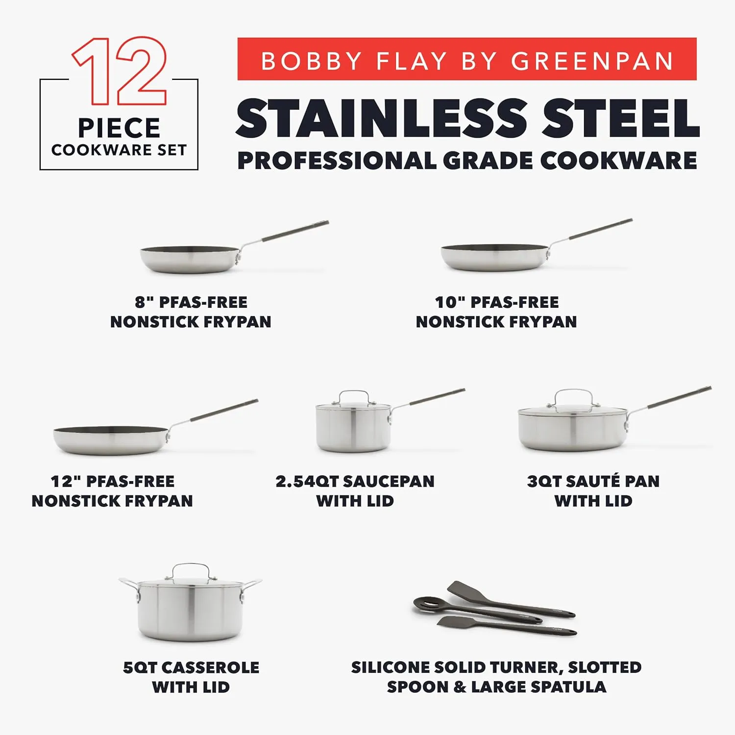 GreenPan x Bobby Flay Stainless Steel 12 Piece Cookware Pots and Pans Set, Professional Grade Tri Ply, PFAS-Free Ceramic Nonstick, Induction Suitable, Dishwasher & Oven Safe, Stay Cool Handles