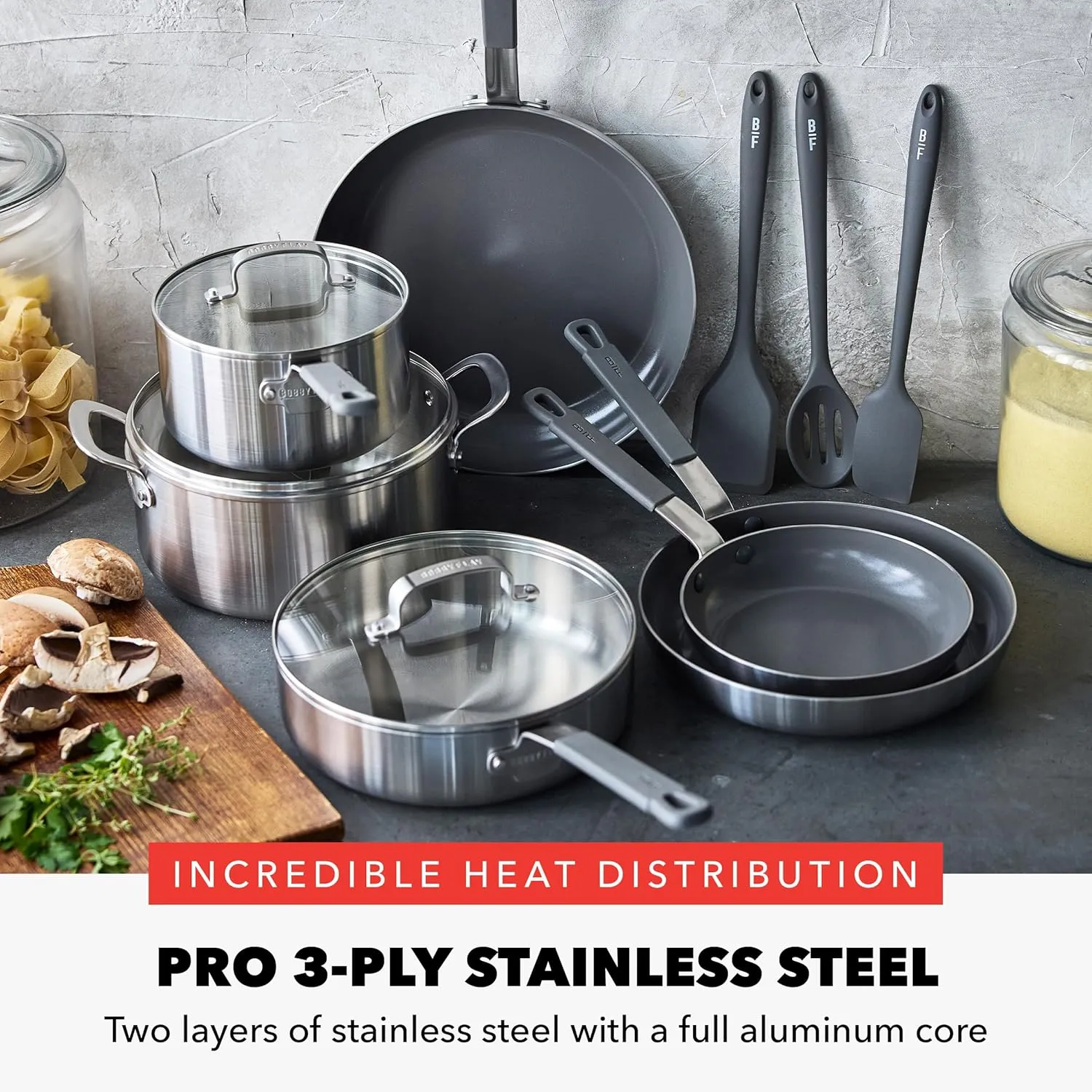 GreenPan x Bobby Flay Stainless Steel 12 Piece Cookware Pots and Pans Set, Professional Grade Tri Ply, PFAS-Free Ceramic Nonstick, Induction Suitable, Dishwasher & Oven Safe, Stay Cool Handles