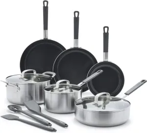 GreenPan x Bobby Flay Stainless Steel 12 Piece Cookware Pots and Pans Set, Professional Grade Tri Ply, PFAS-Free Ceramic Nonstick, Induction Suitable, Dishwasher & Oven Safe, Stay Cool Handles