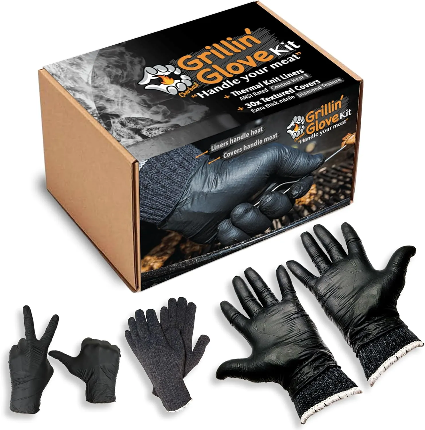 Grilling Glove Kit – 2 Heat Resistant Liners – 30 Black Nitrile Gloves – Disposable BBQ Gloves with Washable Heat-Resistant Liners – Replaceable Cover Oven Mitt for Barbecue and Smoking Meat
