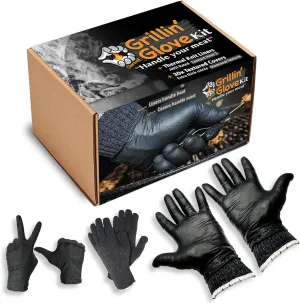 Grilling Glove Kit – 2 Heat Resistant Liners – 30 Black Nitrile Gloves – Disposable BBQ Gloves with Washable Heat-Resistant Liners – Replaceable Cover Oven Mitt for Barbecue and Smoking Meat