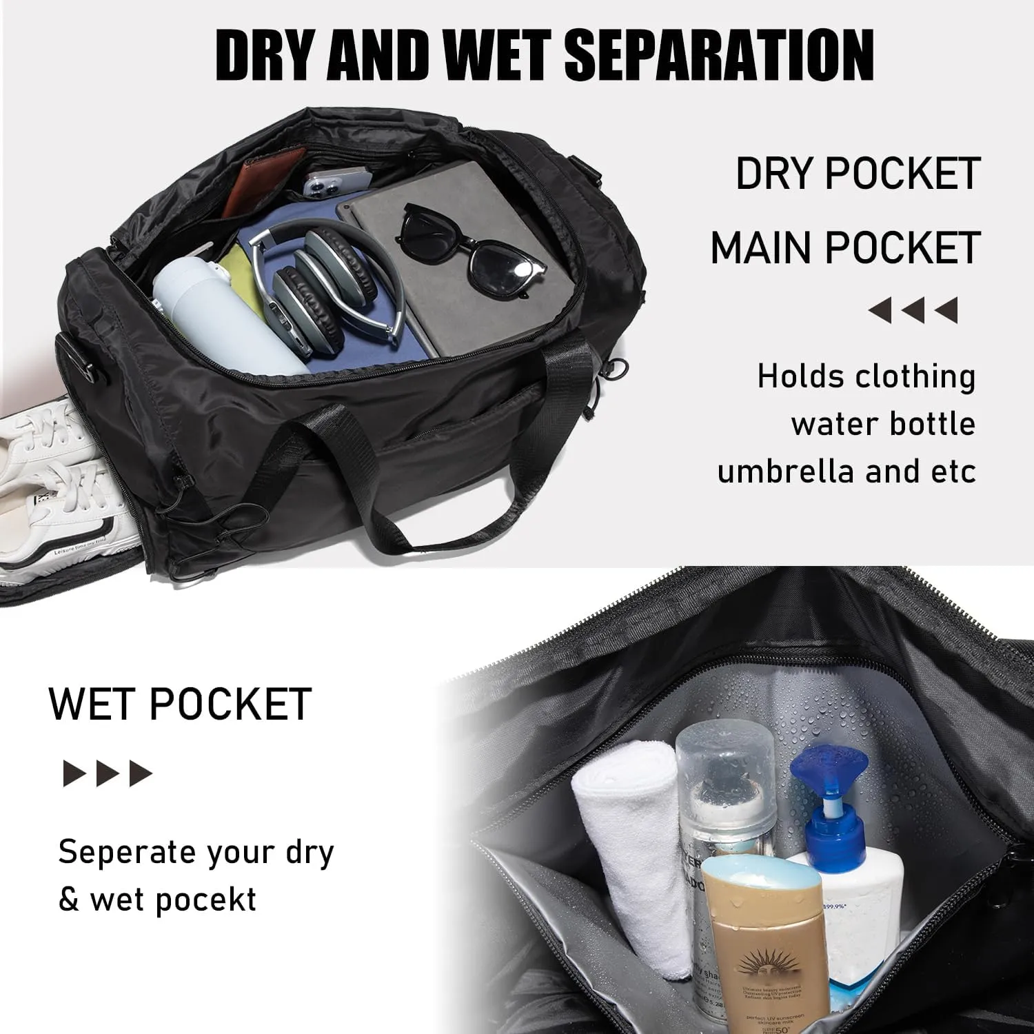 Gym Bag 36L Large Travel Duffel Bag For Men&Women Water-Resistant Sport Bags With Shoes Compartment Wet Pocket Heavy Duty Weekender Overnight Carry On Bag For Gym, Yoga, Swim, Travel