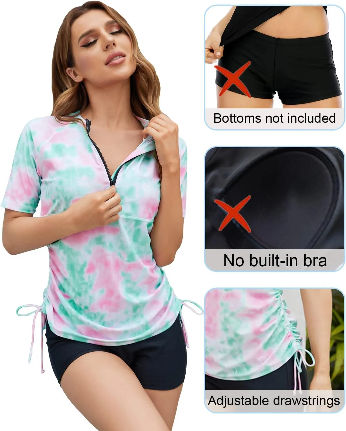 Halcurt Women's Half Zip Short Sleeve Rash Guard Swimsuit Top Ruched Swim Shirt UPF50  Quick Dry Bathing Suit