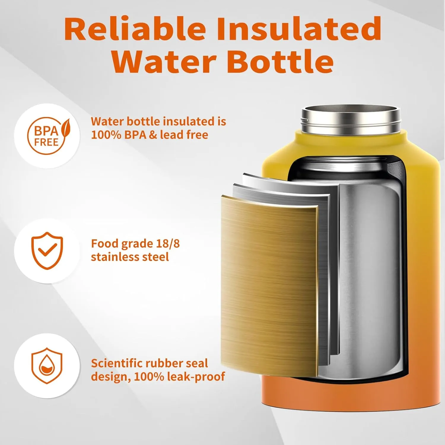 Half Gallon Water Bottle Insulated(Cold for 48 Hrs),BPA Free&Leak Proof,64oz Stainless Steel Water Jug/Flask,Big thermo,Large Water Bottle with Handle for Gym,Hiking,Camping,Gradual Yellow