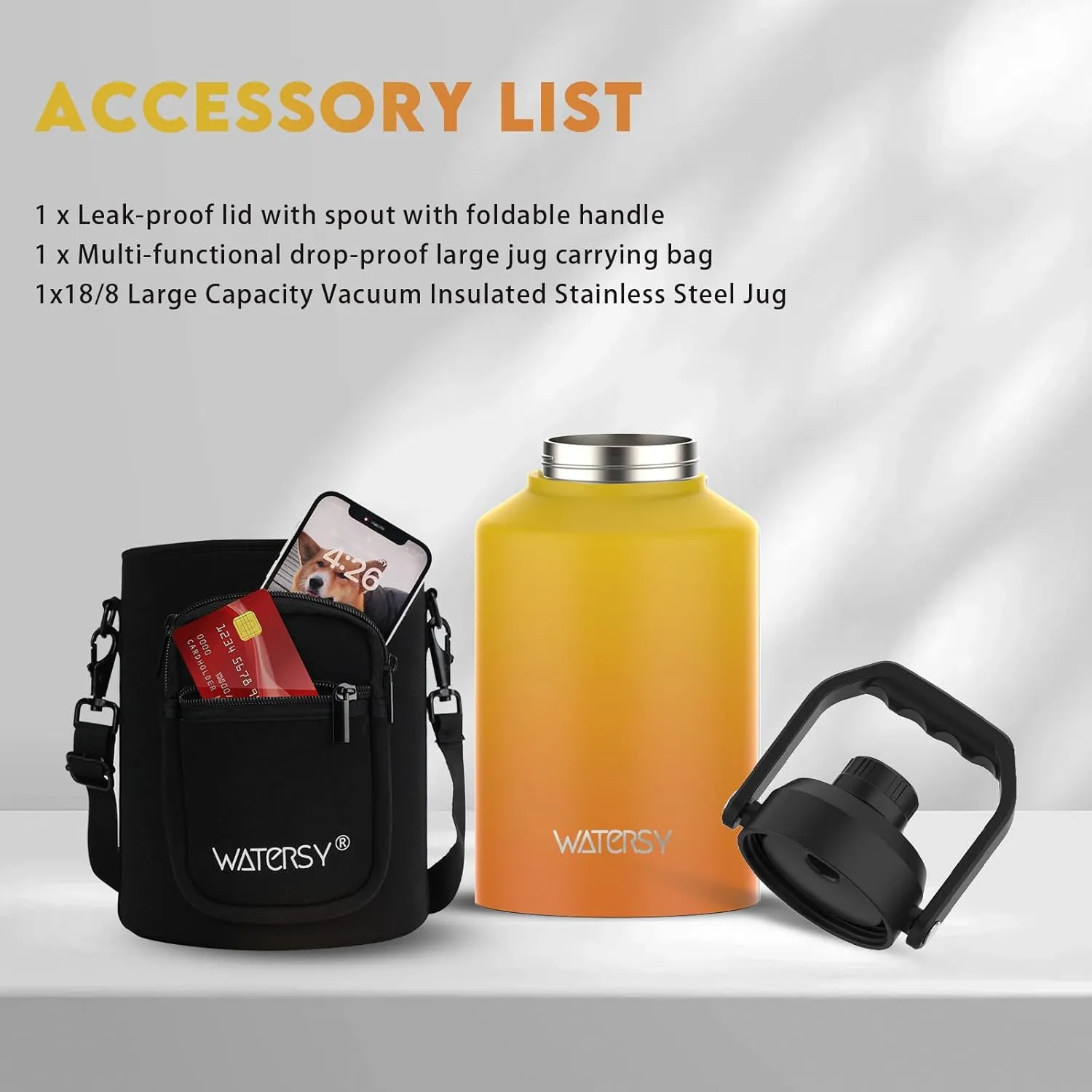 Half Gallon Water Bottle Insulated(Cold for 48 Hrs),BPA Free&Leak Proof,64oz Stainless Steel Water Jug/Flask,Big thermo,Large Water Bottle with Handle for Gym,Hiking,Camping,Gradual Yellow