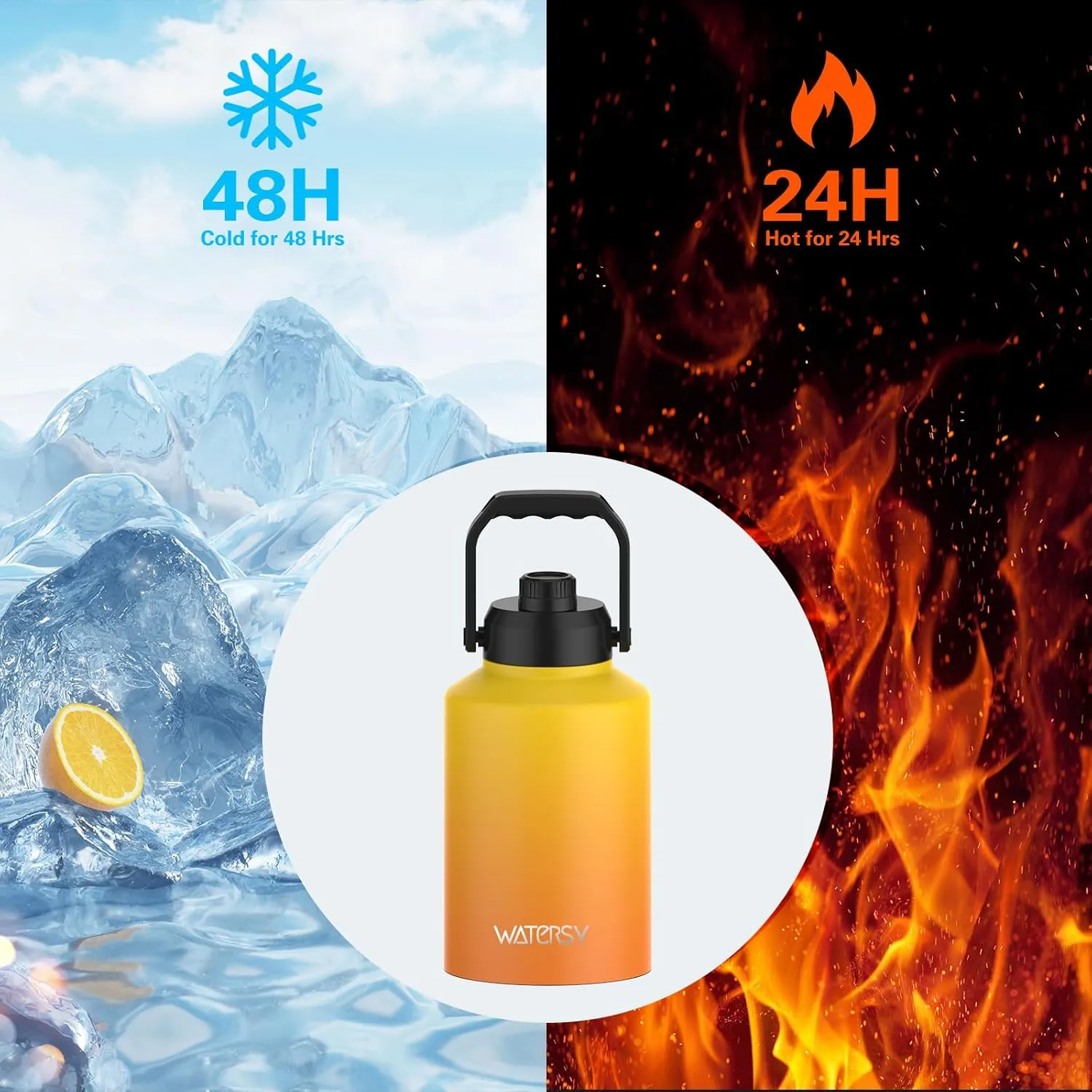 Half Gallon Water Bottle Insulated(Cold for 48 Hrs),BPA Free&Leak Proof,64oz Stainless Steel Water Jug/Flask,Big thermo,Large Water Bottle with Handle for Gym,Hiking,Camping,Gradual Yellow