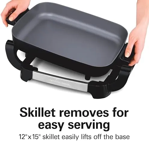 Hamilton Beach Electric Skillet with PFAS-Free Durathon Ceramic Coating, Removable 12x15” Pan, Adjustable Temperature, Reversible Design, Tempered Glass Lid, Black Nonstick Surface (38531)