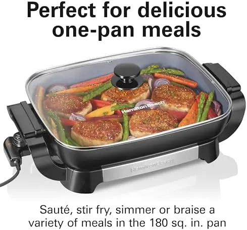 Hamilton Beach Electric Skillet with PFAS-Free Durathon Ceramic Coating, Removable 12x15” Pan, Adjustable Temperature, Reversible Design, Tempered Glass Lid, Black Nonstick Surface (38531)