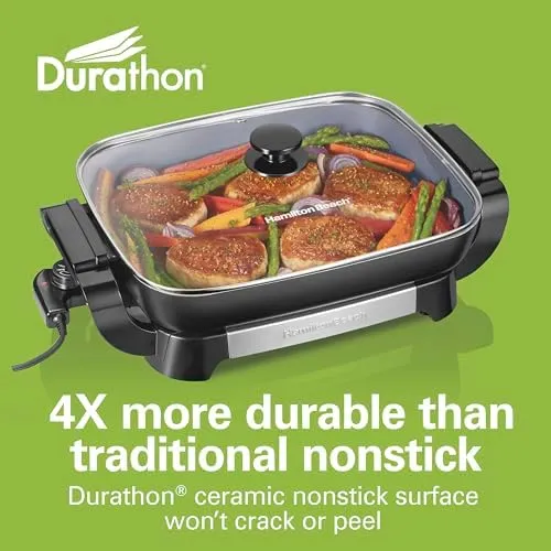 Hamilton Beach Electric Skillet with PFAS-Free Durathon Ceramic Coating, Removable 12x15” Pan, Adjustable Temperature, Reversible Design, Tempered Glass Lid, Black Nonstick Surface (38531)