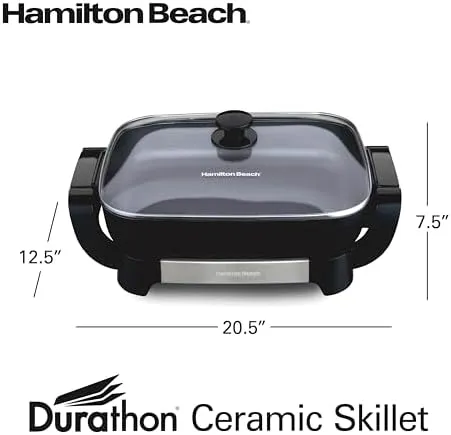 Hamilton Beach Electric Skillet with PFAS-Free Durathon Ceramic Coating, Removable 12x15” Pan, Adjustable Temperature, Reversible Design, Tempered Glass Lid, Black Nonstick Surface (38531)