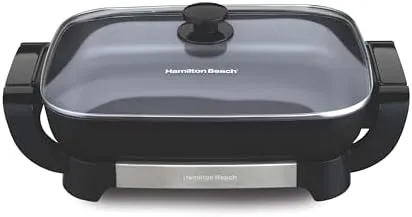 Hamilton Beach Electric Skillet with PFAS-Free Durathon Ceramic Coating, Removable 12x15” Pan, Adjustable Temperature, Reversible Design, Tempered Glass Lid, Black Nonstick Surface (38531)