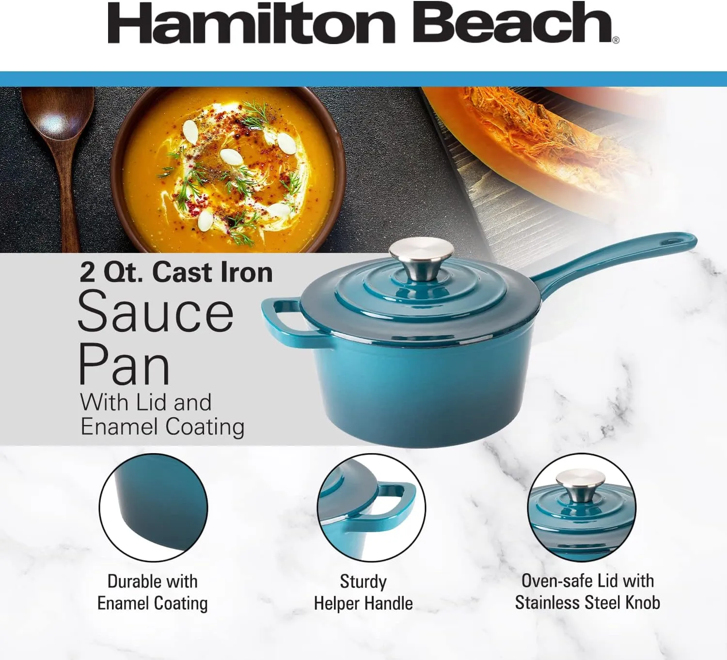 Hamilton Beach Enameled Cast Iron Sauce Pan 2-Quart Navy, Cream Enamel coating, Pot For Stove top and Oven Cooking, Even Heat Distribution, Safe Up to 400 Degrees, Durable