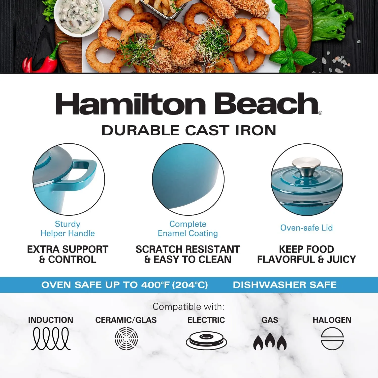 Hamilton Beach Enameled Cast Iron Sauce Pan 2-Quart Navy, Cream Enamel coating, Pot For Stove top and Oven Cooking, Even Heat Distribution, Safe Up to 400 Degrees, Durable