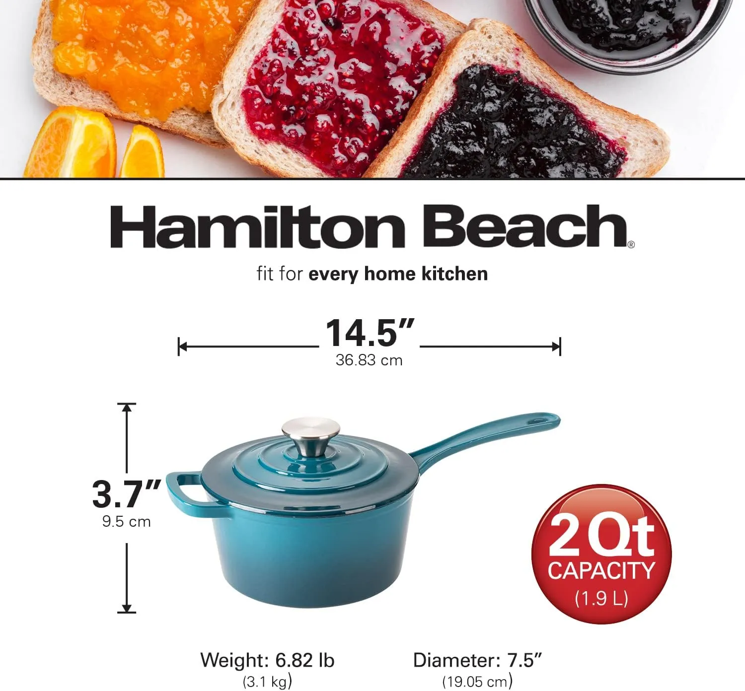 Hamilton Beach Enameled Cast Iron Sauce Pan 2-Quart Navy, Cream Enamel coating, Pot For Stove top and Oven Cooking, Even Heat Distribution, Safe Up to 400 Degrees, Durable