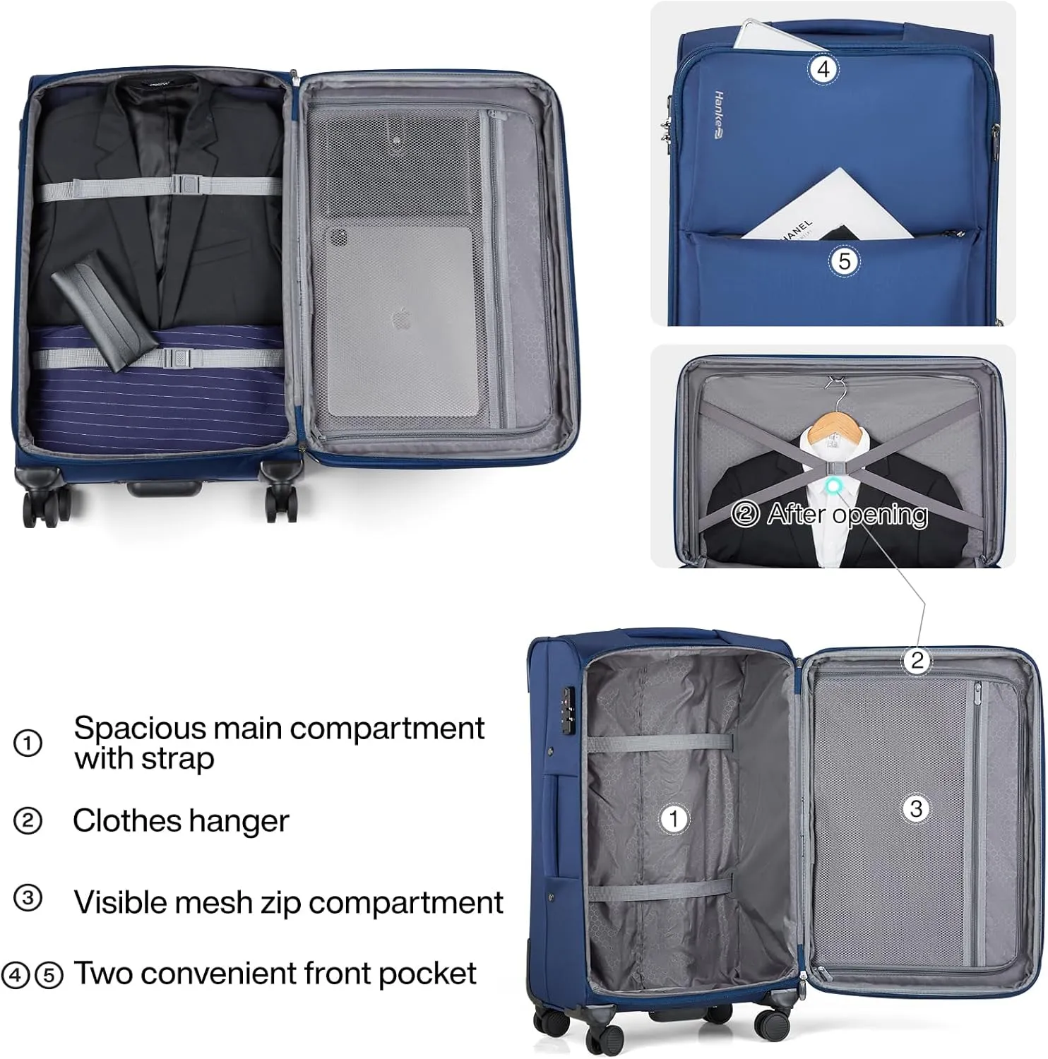 Hanke 28 Inch Luggage Softside Expandable Suitcases with Spinner Wheels, Travel Checked Luggage for Women Men(Blue)