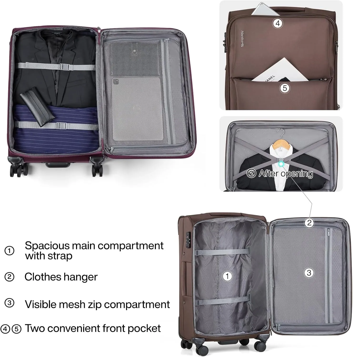 Hanke 3 Piece Luggage Sets Softside Expandable Carry On Luggage Set Travel Suitcase Sets with Spinner Wheels TSA Approved Luggage(Coffee, 20in/24in/28in)