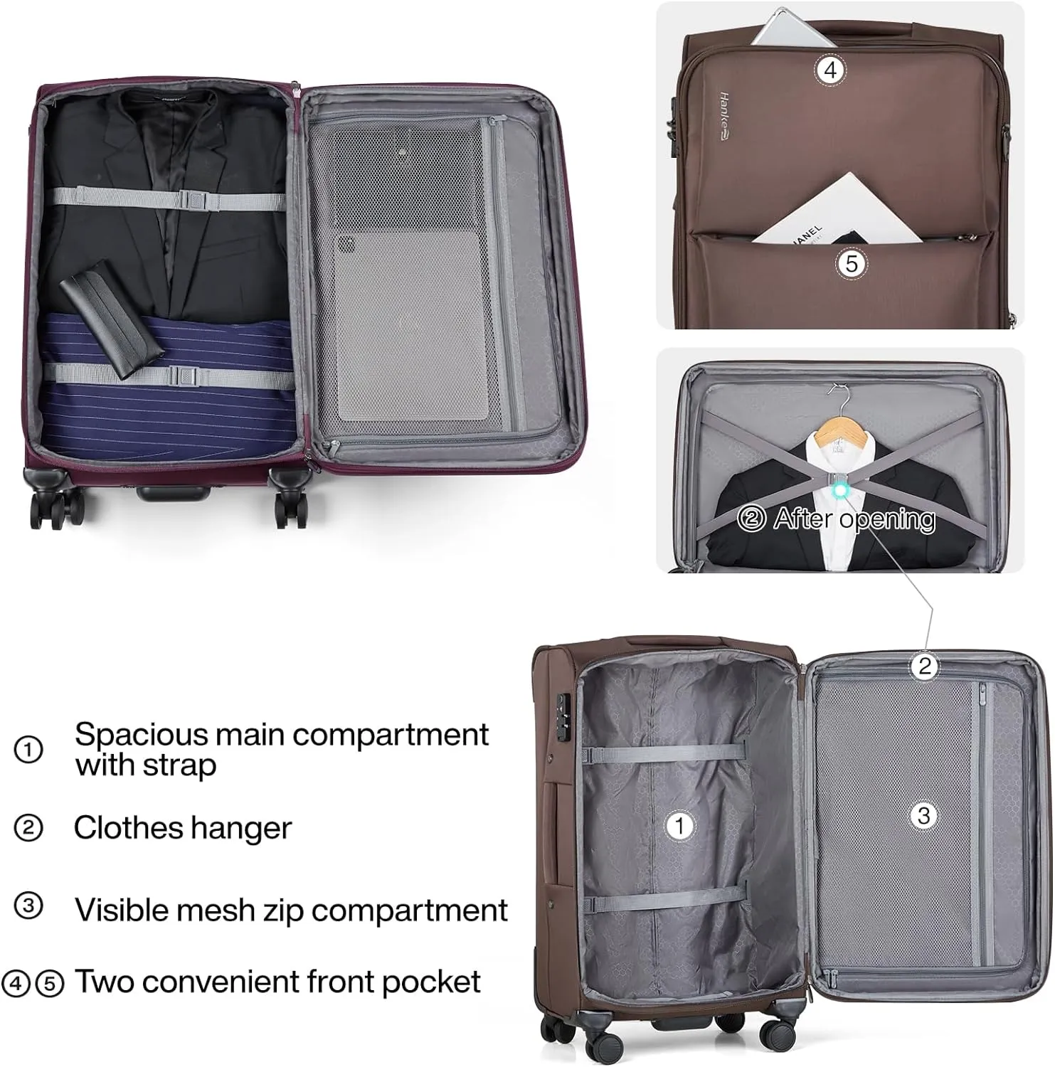 Hanke 3 Piece Luggage Sets Softside Expandable Carry On Luggage Set Travel Suitcase Sets with Spinner Wheels TSA Approved Luggage(Coffee, 20in/24in/28in)