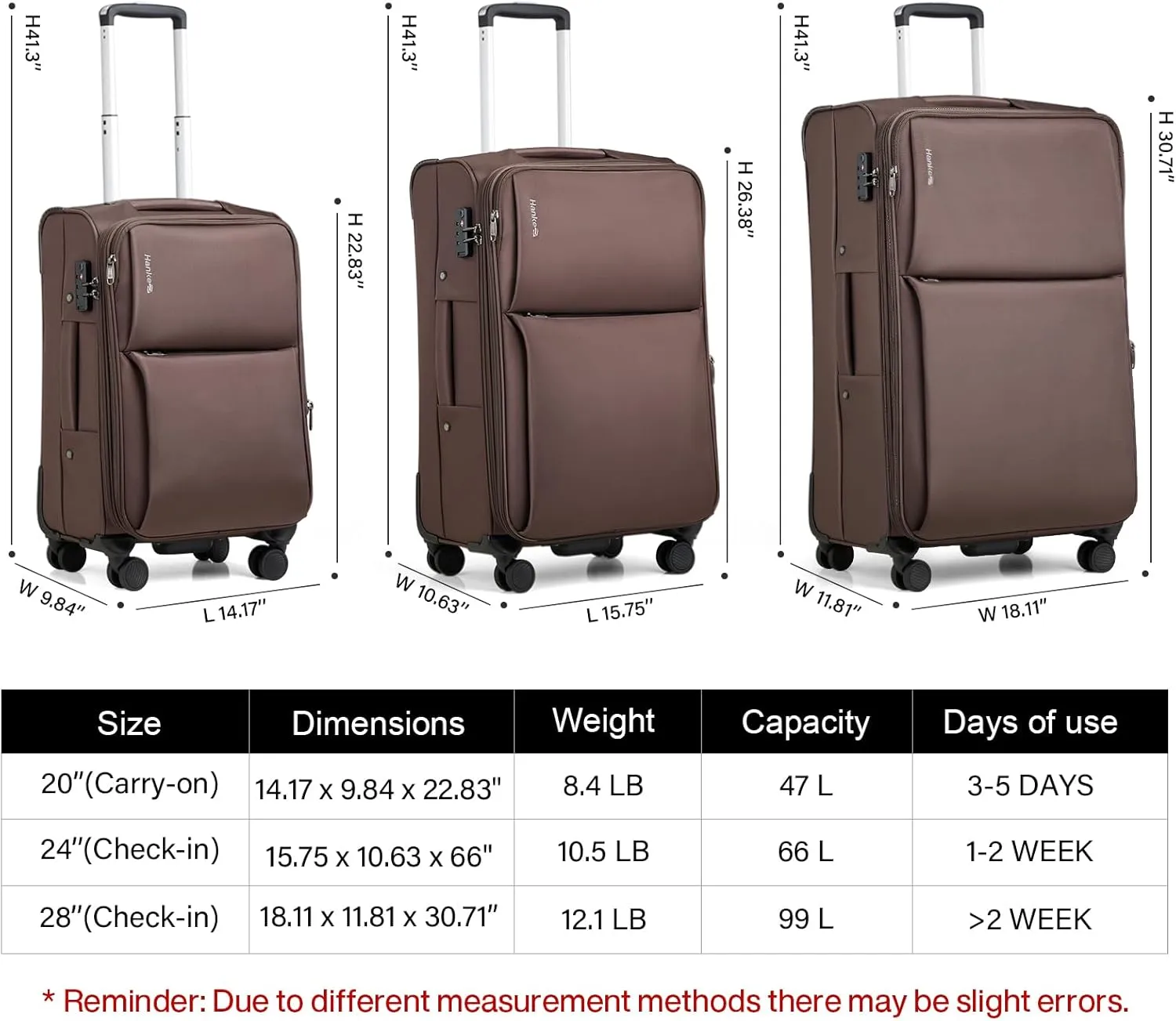 Hanke 3 Piece Luggage Sets Softside Expandable Carry On Luggage Set Travel Suitcase Sets with Spinner Wheels TSA Approved Luggage(Coffee, 20in/24in/28in)