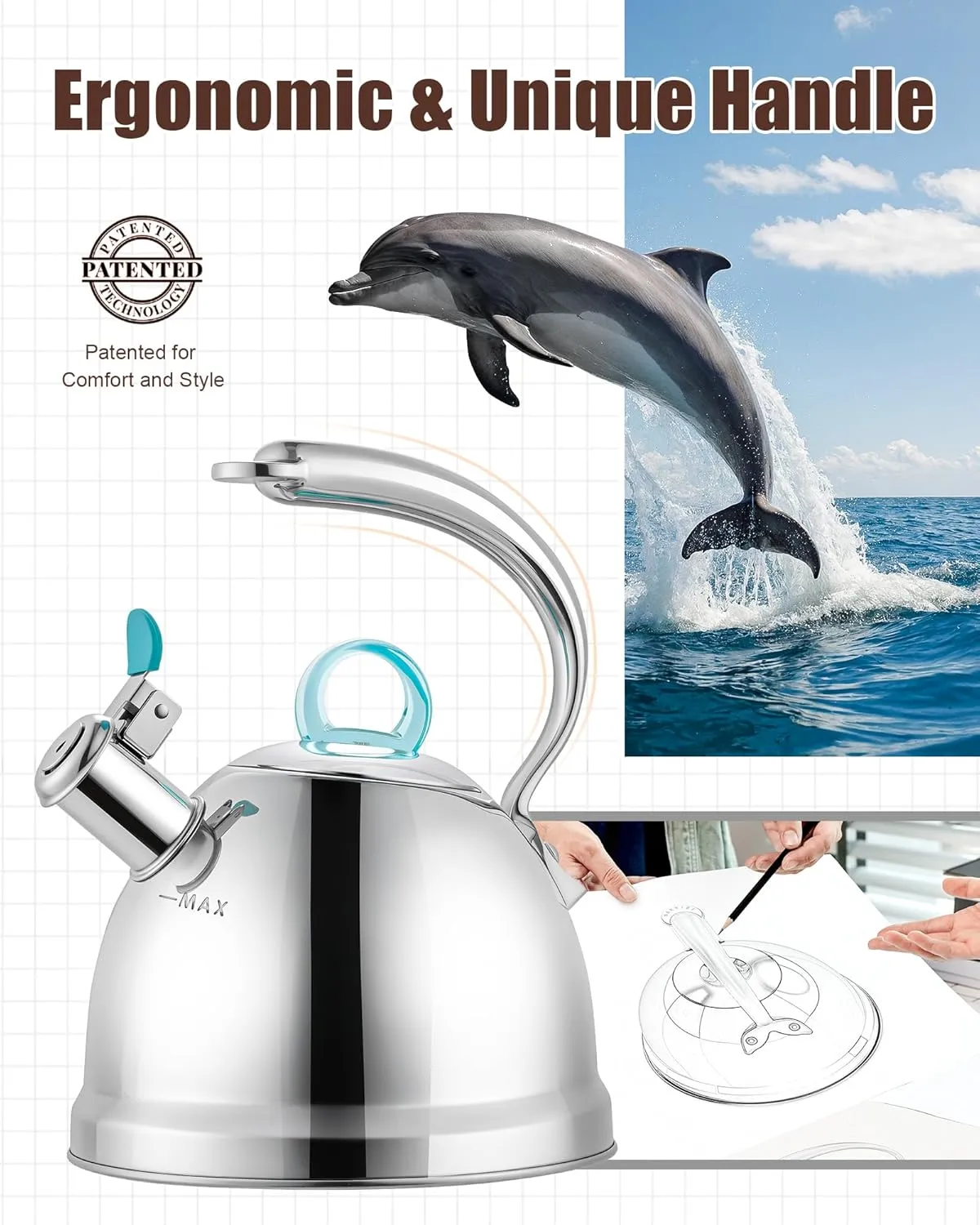 Harriet Tea Kettle for Stove Top, 2.5 Quart Stainless Steel Whistling Tea Pot, 3-Layer Base, Unique Dolphin-Shaped Ergonomic Handle, Includes Pot Holder & Mat, Gas Electric Applicable, Mirror Finish