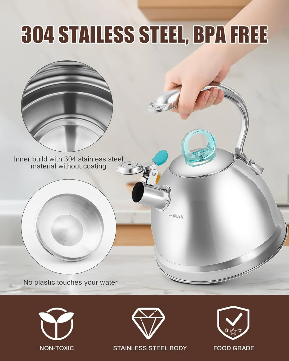 Harriet Tea Kettle for Stove Top, 2.5 Quart Stainless Steel Whistling Tea Pot, 3-Layer Base, Unique Dolphin-Shaped Ergonomic Handle, Includes Pot Holder & Mat, Gas Electric Applicable, Mirror Finish