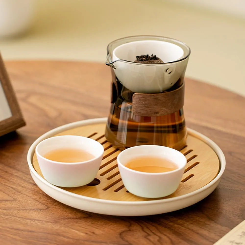 Heat-Resistant Glass Teapot with Rotating Strainer, 360 Rotating Glass Teapot with Infuser, Portable Clear Tea Kettle with Wooden Handle, Tea Set Gift (Pot 2 White Cup Tea Tray)