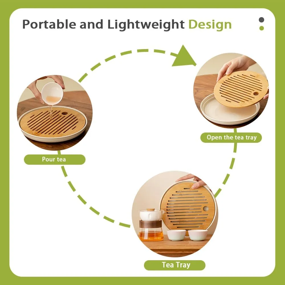 Heat-Resistant Glass Teapot with Rotating Strainer, 360 Rotating Glass Teapot with Infuser, Portable Clear Tea Kettle with Wooden Handle, Tea Set Gift (Pot 2 White Cup Tea Tray)