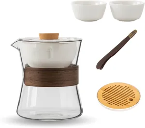 Heat-Resistant Glass Teapot with Rotating Strainer, 360 Rotating Glass Teapot with Infuser, Portable Clear Tea Kettle with Wooden Handle, Tea Set Gift (Pot 2 White Cup Tea Tray)