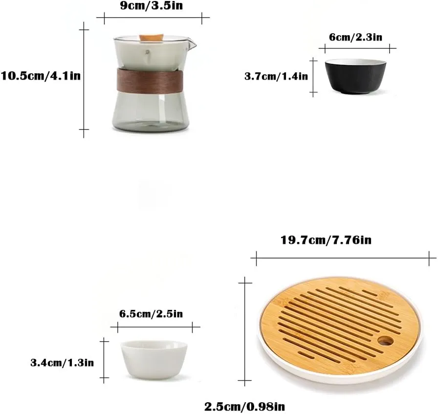 Heat-Resistant Glass Teapot with Rotating Strainer, 360 Rotating Glass Teapot with Infuser, Portable Clear Tea Kettle with Wooden Handle, Tea Set Gift (Pot 2 White Cup Tea Tray)