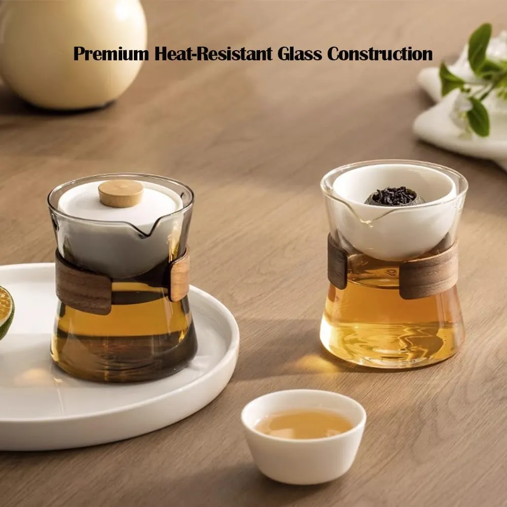 Heat-Resistant Glass Teapot with Rotating Strainer, 360 Rotating Glass Teapot with Infuser, Portable Clear Tea Kettle with Wooden Handle, Tea Set Gift (Pot 2 White Cup Tea Tray)