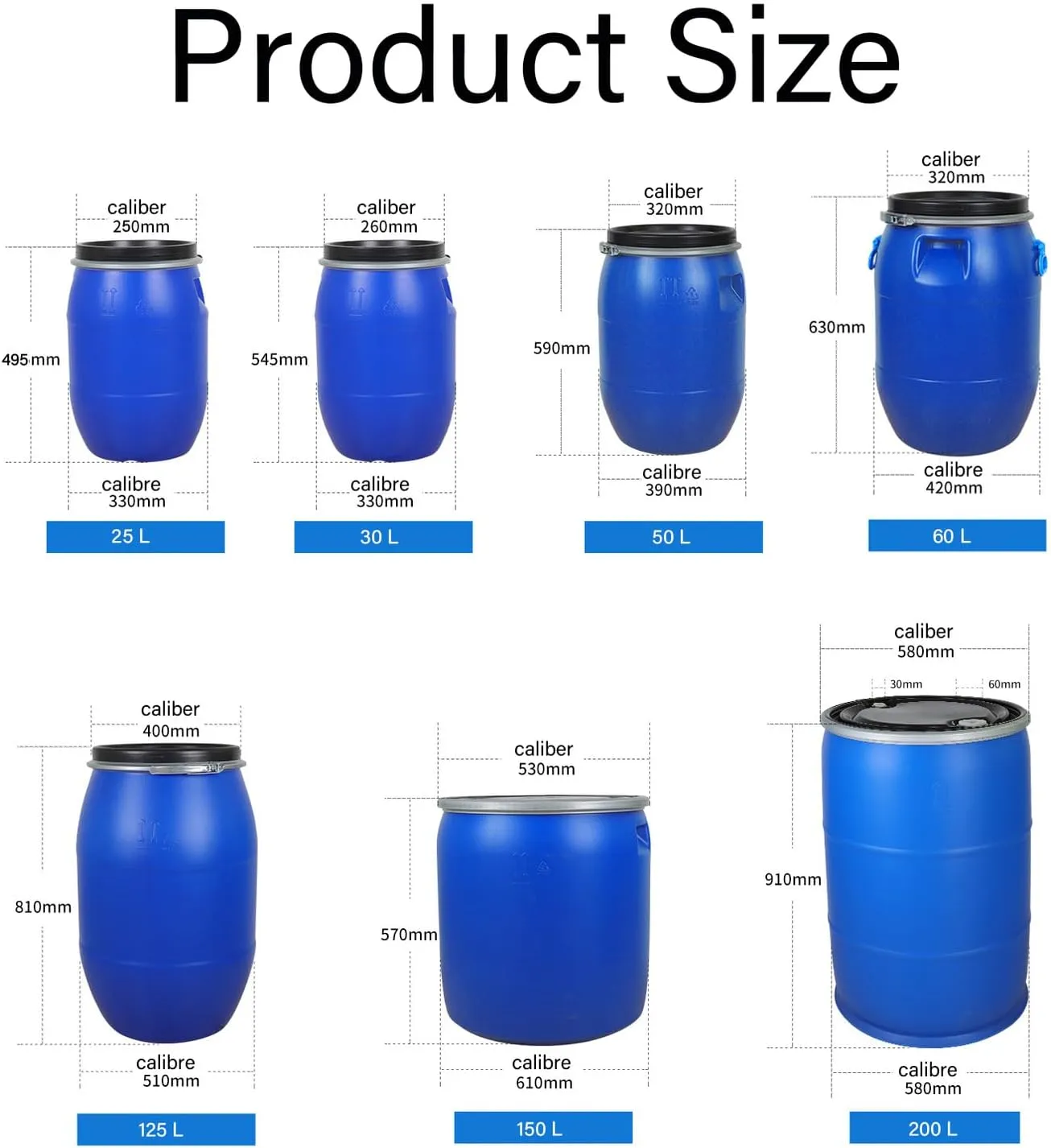 Heavy-Duty Plastic Storage Bucket with Secure Lid & Handle–Food-Safe,Airtight Container for Liquids,Dry Food,Home/Industrial/Shipping Storage Large Plastic Open Top Drum Keg(125L, Blue)