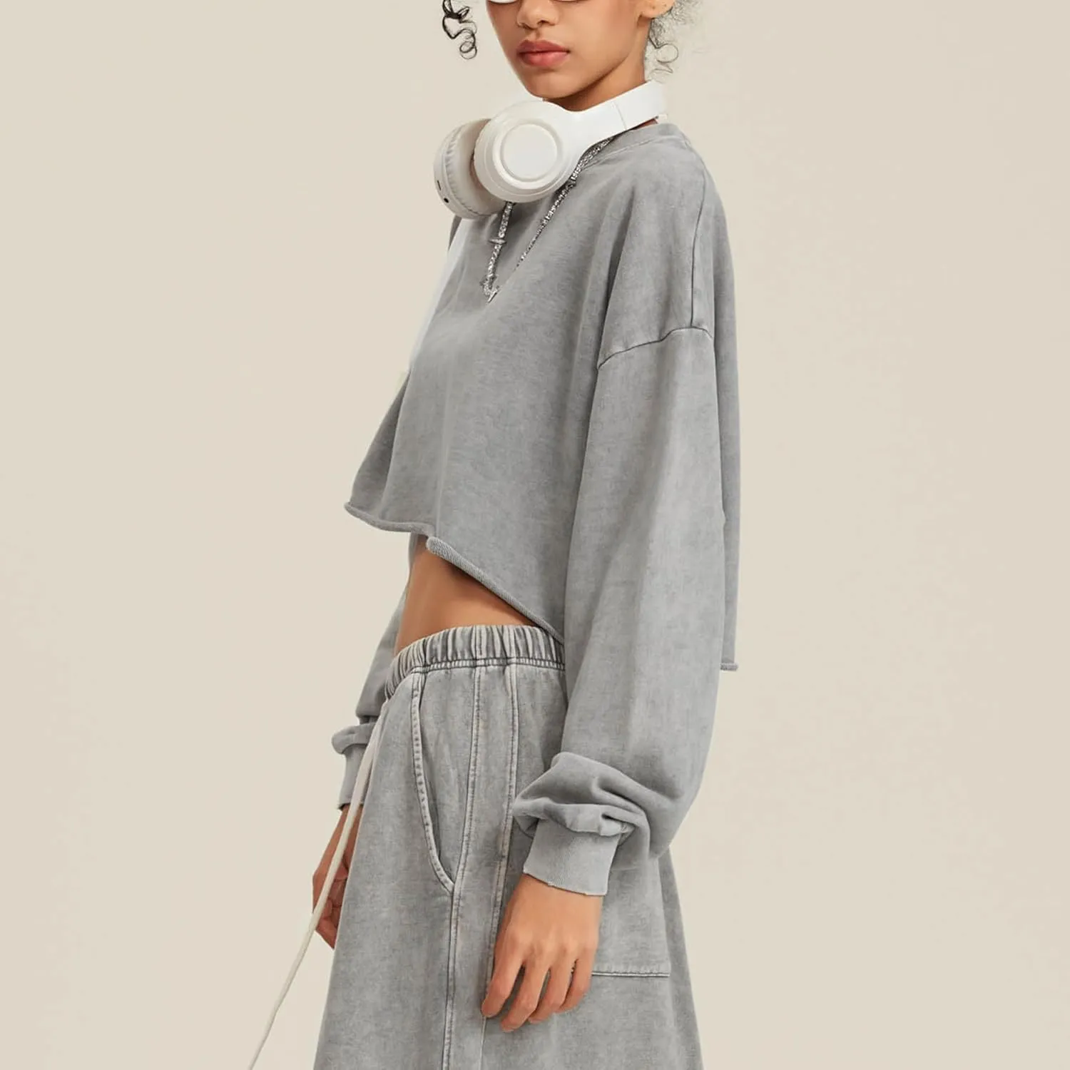 Hixiaohe Womens Cropped Sweatshirts Vintage Long Sleeve Pullover Tops Acid Wash Sweatshirt Hoodies for Women Workout Crop Top