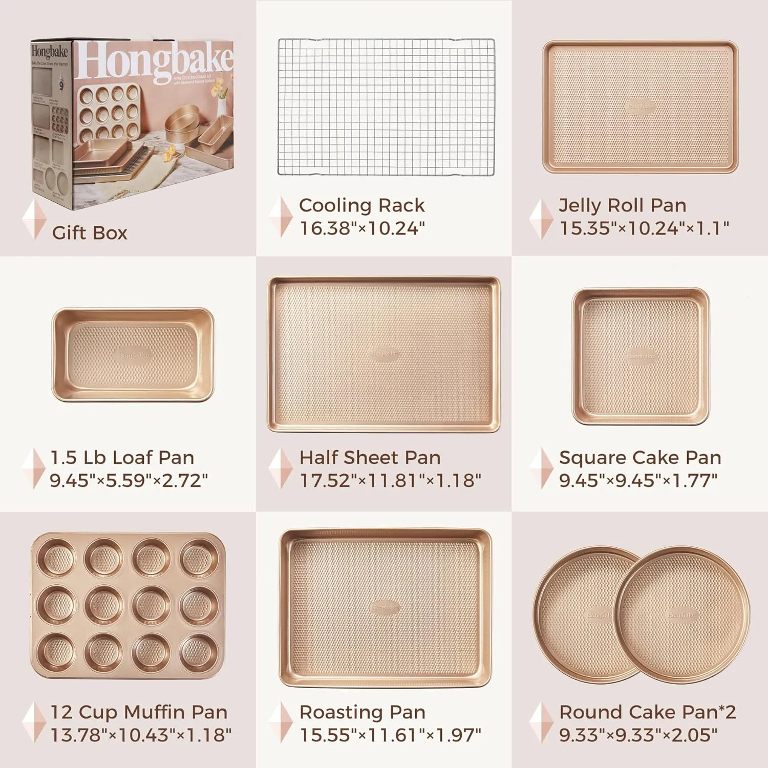 HONGBAKE 9-Piece Baking Pans Set Nonstick, Stackable Non Toxic Bakeware Sets with Diamond Texture, Oven Pan Set for Cooking, Includes Cookie Sheet with Rack, Cake Pan, Roasting Pan, Muffin Tin, Gold