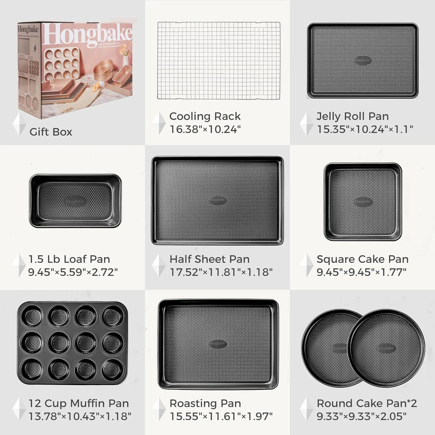 HONGBAKE 9-Piece Baking Pans Set Nonstick, Stackable Non Toxic Bakeware Sets with Diamond Texture, Oven Pan Set for Cooking, Includes Cookie Sheet with Rack, Cake Pan, Roasting Pan, Muffin Tin, Gray