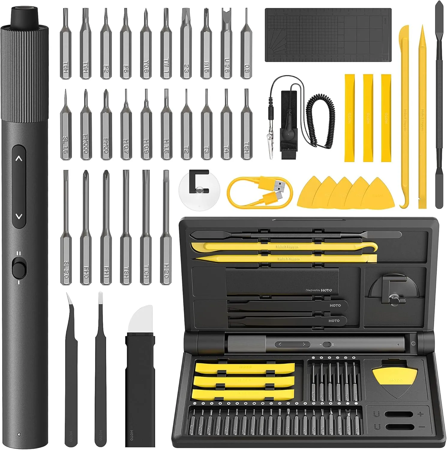 HOTO Electric Precision Screwdriver Set, 48 in 1 Electronics Tool Kit, Magnetic Bits & Box, LED Light & 2 Torque Settings, Mini Screwdriver Set for Eyeglasses, Watches, Phones, Laptops, Cameras Repair