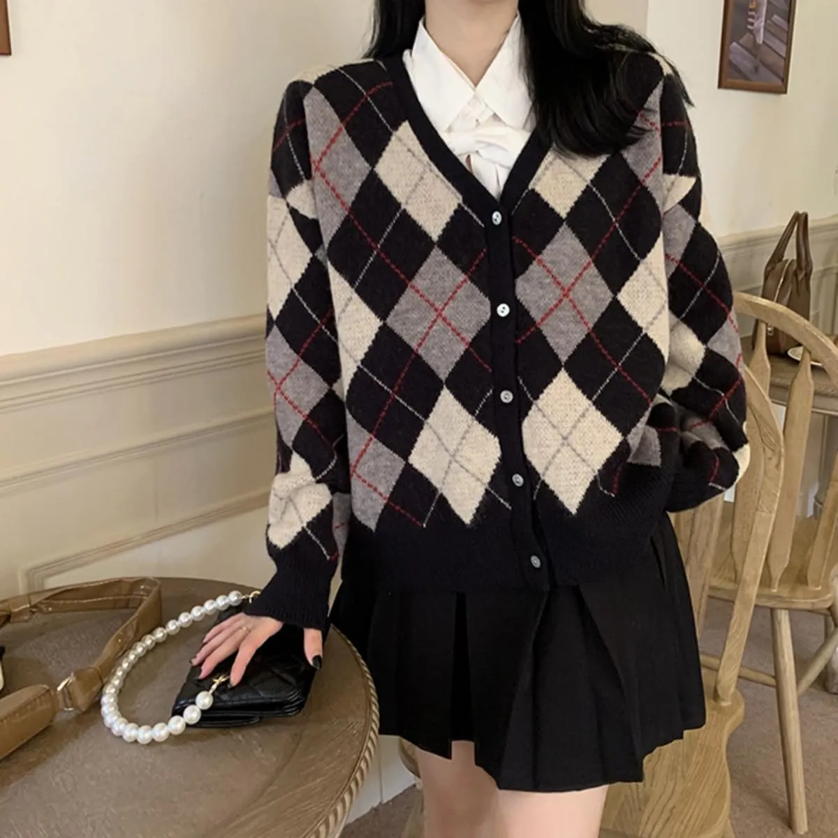Hyipels Women's Long Sleeve Cardigan Sweater,Cute Y2K Top Knit Colorful Patterned V Neck Button Outwear S~XL