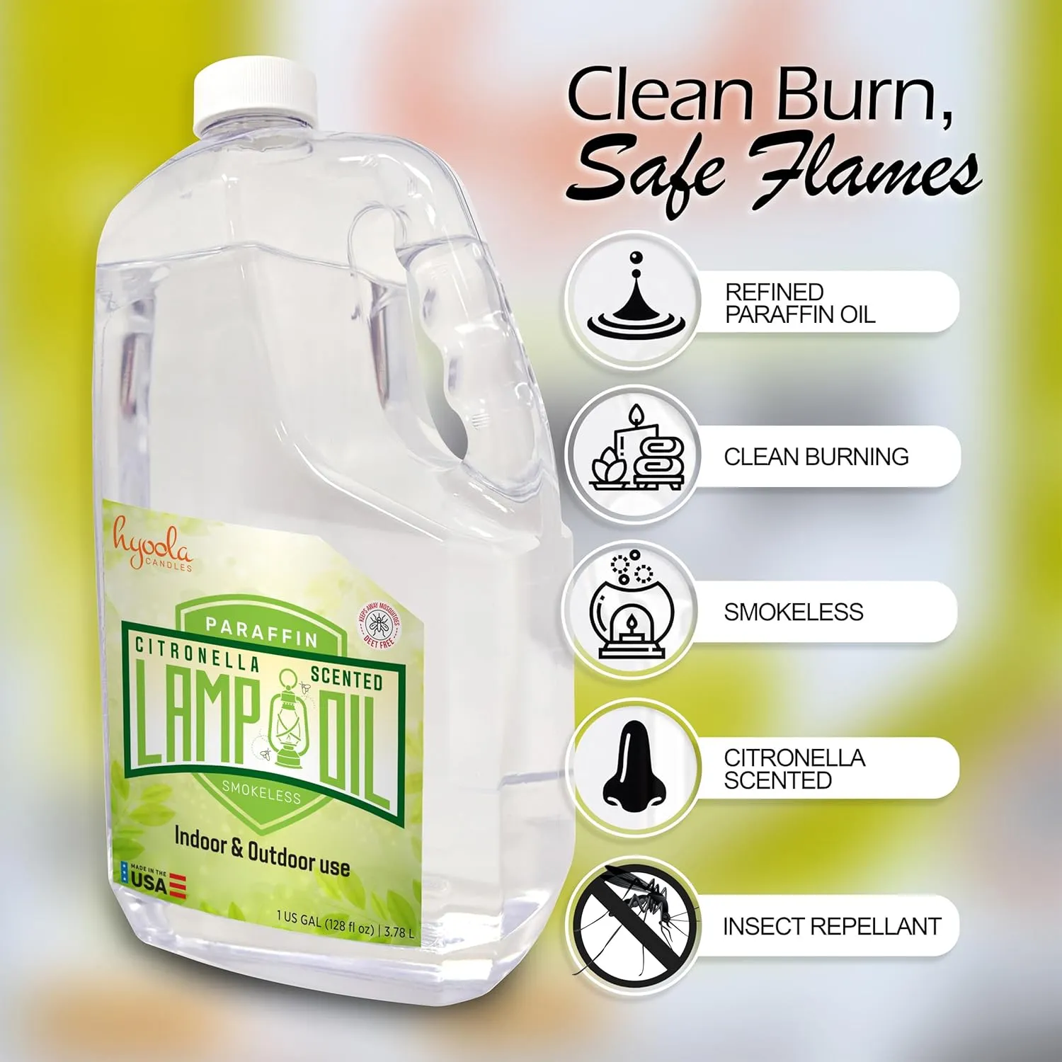 Hyoola Citronella Lamp Oil Torch Fuel, 1 Gallon, Smokeless Insect and Mosquito Repellent Scented Paraffin Fluid for Indoor and Outdoor, Lantern Use and Oil Candle