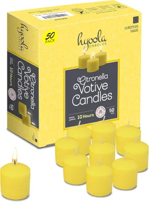HYOOLA Citronella Votive Candles - 10 Hour Burn Time - 50 Pack, Ideal Bug Repellent Candles, European Made