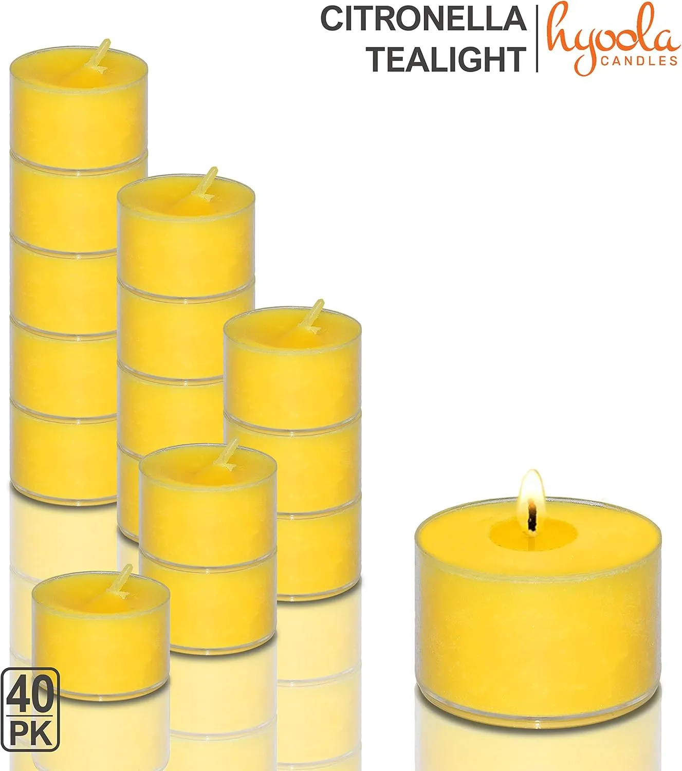 Hyoola Tealight Citronella Candles Outdoor, 8 Hour Burn Time, Indoor and Outdoor Mosquito, Insect and Bug Repellent Citronella Candle, Natural Fresh Scent, Decorative in Clear Cup (Pack of 40)