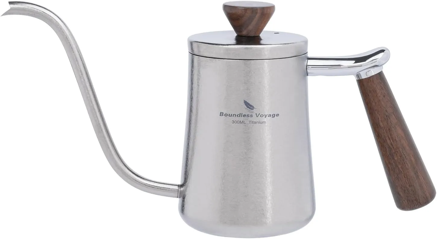 iBasingo 300ml Titanium Gooseneck Kettle for Stove Top Burners Ultralight Pour Over Coffee Maker Drip Filter Kettle Swan Neck Coffeepot with Wood Handle Ti3091D