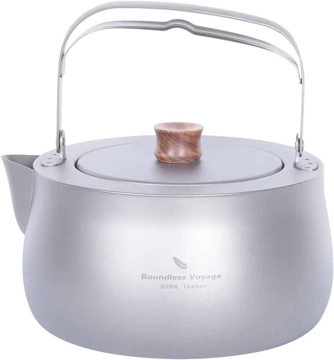 iBasingo 800ml Titanium Kettle Camping Teapot with Folding Handle Ultralight Portable Metal Tea Pot Coffee Maker for Outdoor Garden Backpacking Picnic Ti3131D