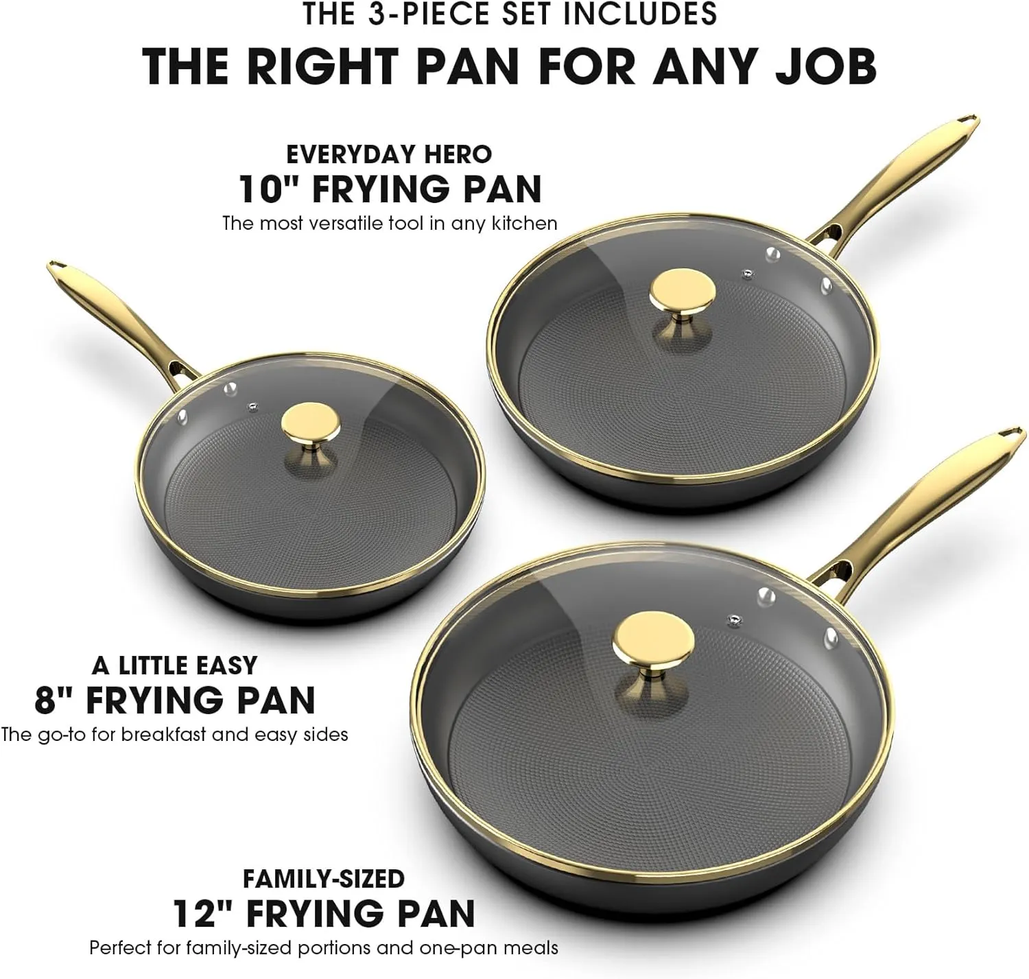 imarku Non Stick Frying Pans, Nonstick Cast Iron Skillets 3 Pcs - 8 Inch, 10 Inch, 12 Inch Frying Pans with Lid, Cast Iron Pan, Professional Nonstick Frying Pan, Father's Day Gifts
