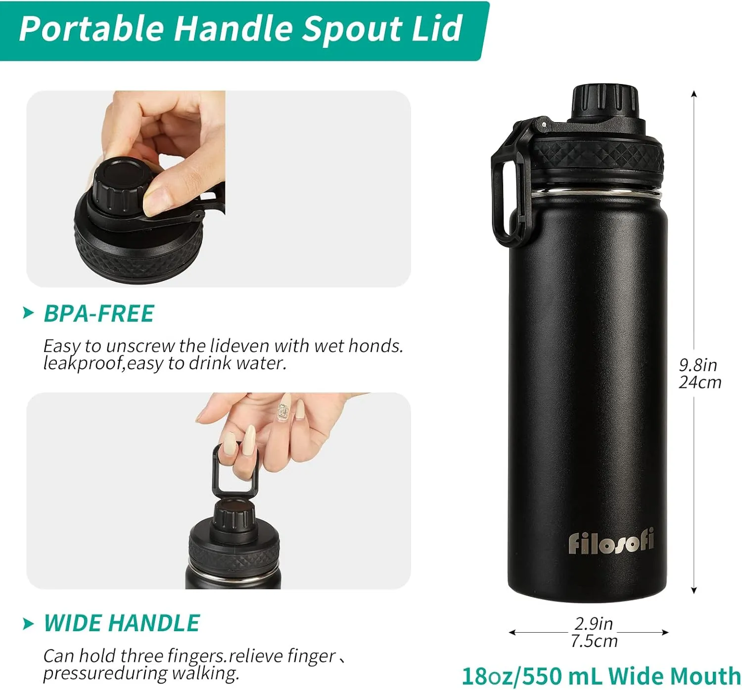 Insulated Stainless Steel Water Bottles with Leak proof Spout Lid,Sports Water Bottle for Travel,Sports,Camping 18oz Black