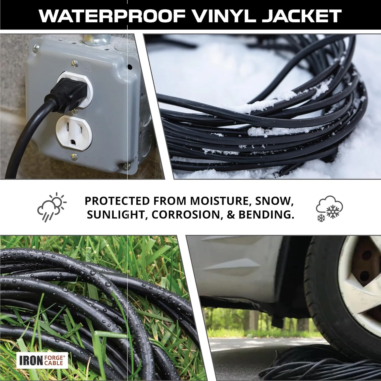 Iron Forge Cable 2 Pack 10 Ft Black Extension Cord with 3 Outlets - 16/3 SJTW 10 Foot Extension Cord 3 Prong, Weatherproof Power Cable for Outdoor