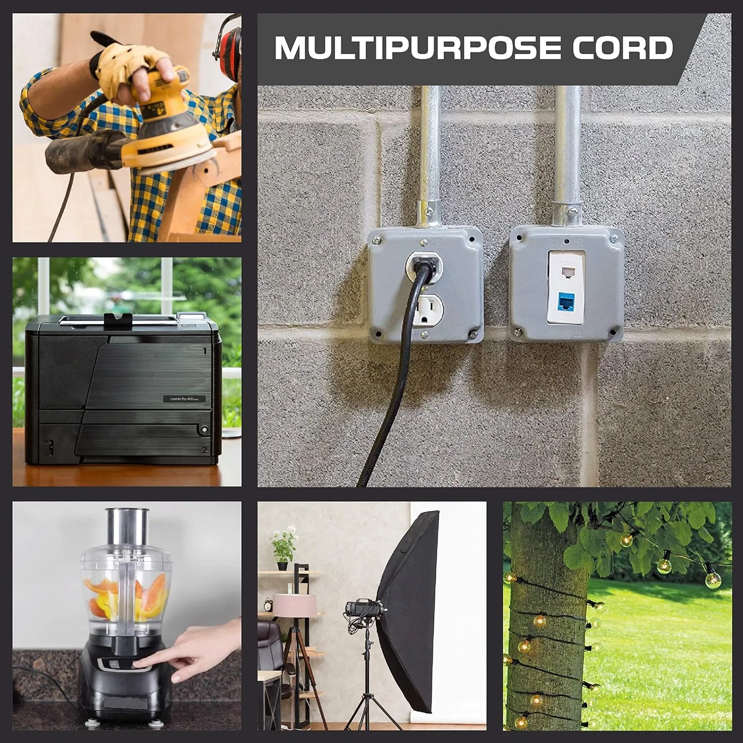 Iron Forge Cable 2 Pack 10 Ft Black Extension Cord with 3 Outlets - 16/3 SJTW 10 Foot Extension Cord 3 Prong, Weatherproof Power Cable for Outdoor
