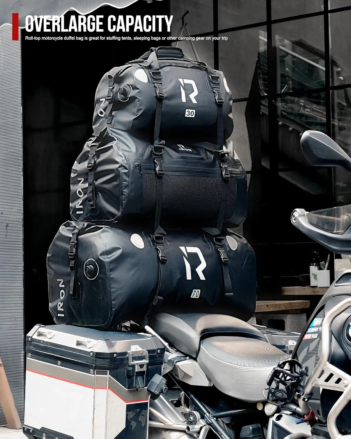 IRON JIA'S Motorcycle Dry Bag - Waterproof Duffle & Luggage Tail Bag Saddle Bags with Roll Top Closure, Shoulder Straps, Inner Pocket and Mesh Pocket (Brown, 70L)