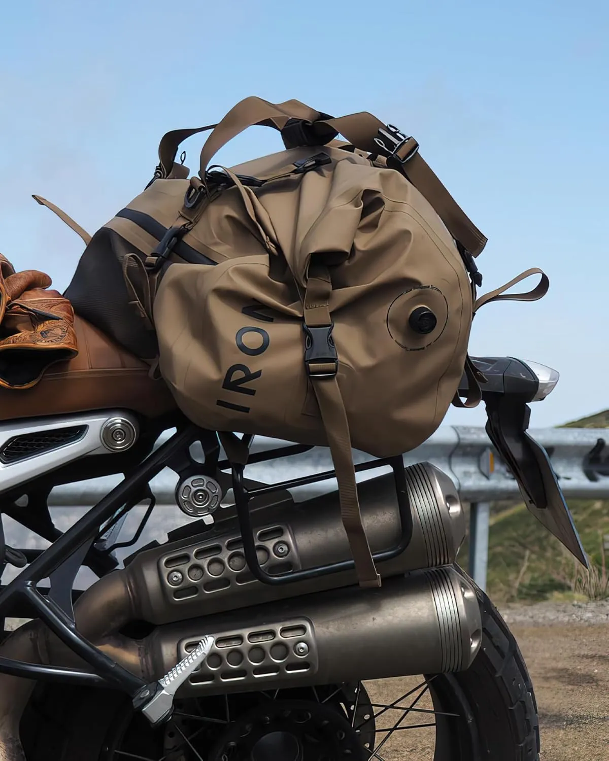 IRON JIA'S Motorcycle Dry Bag - Waterproof Duffle & Luggage Tail Bag Saddle Bags with Roll Top Closure, Shoulder Straps, Inner Pocket and Mesh Pocket (Brown, 70L)