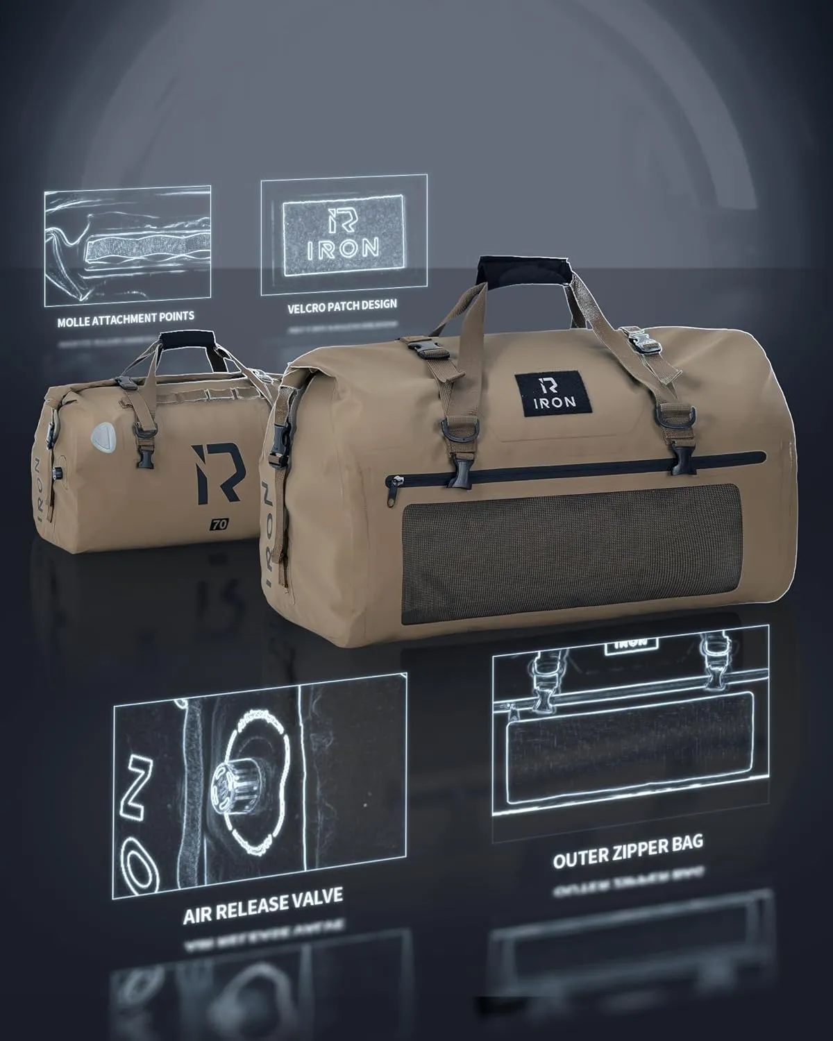 IRON JIA'S Motorcycle Dry Bag - Waterproof Duffle & Luggage Tail Bag Saddle Bags with Roll Top Closure, Shoulder Straps, Inner Pocket and Mesh Pocket (Brown, 70L)