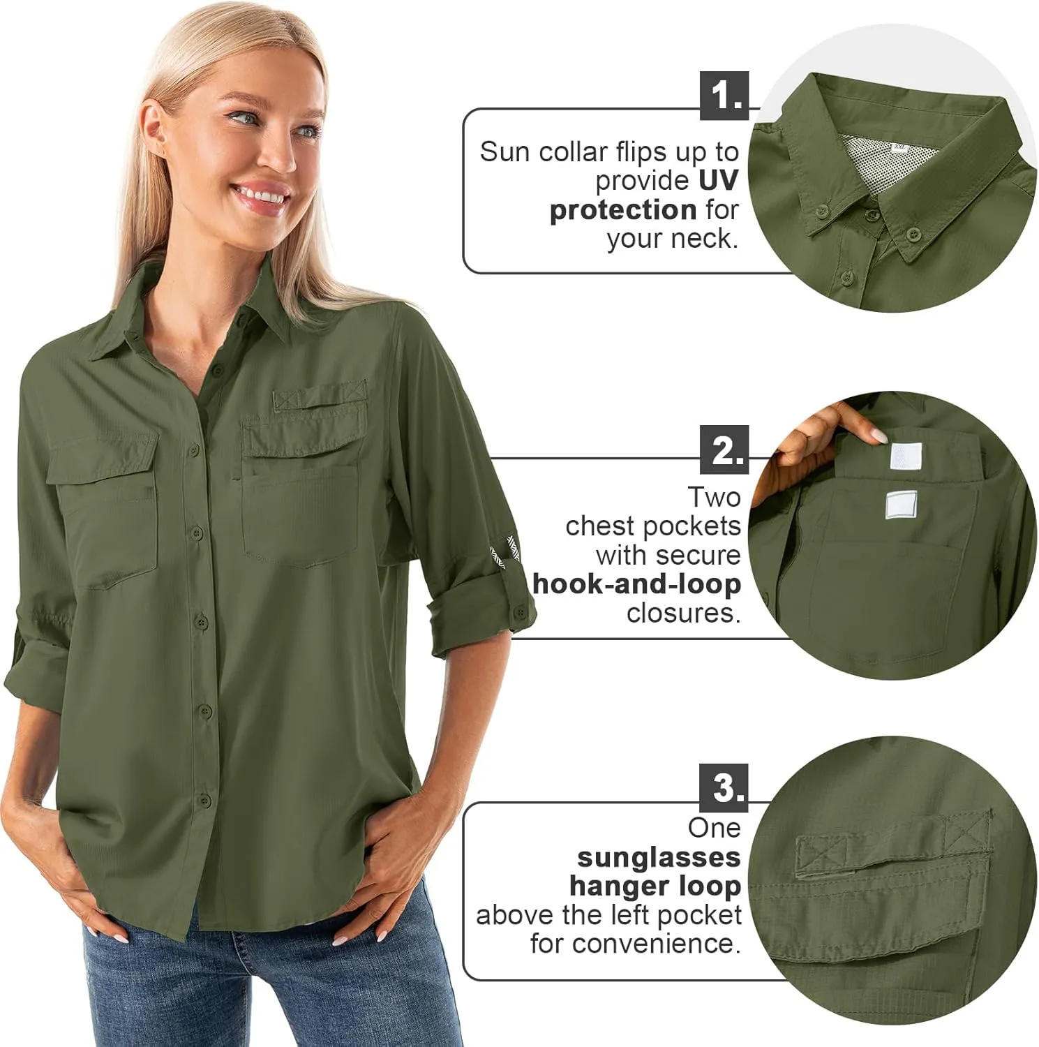 Jessie Kidden Women's Quick Dry Sun UV Protection Convertible Long Sleeve Shirts for Hiking Camping Fishing Sailing