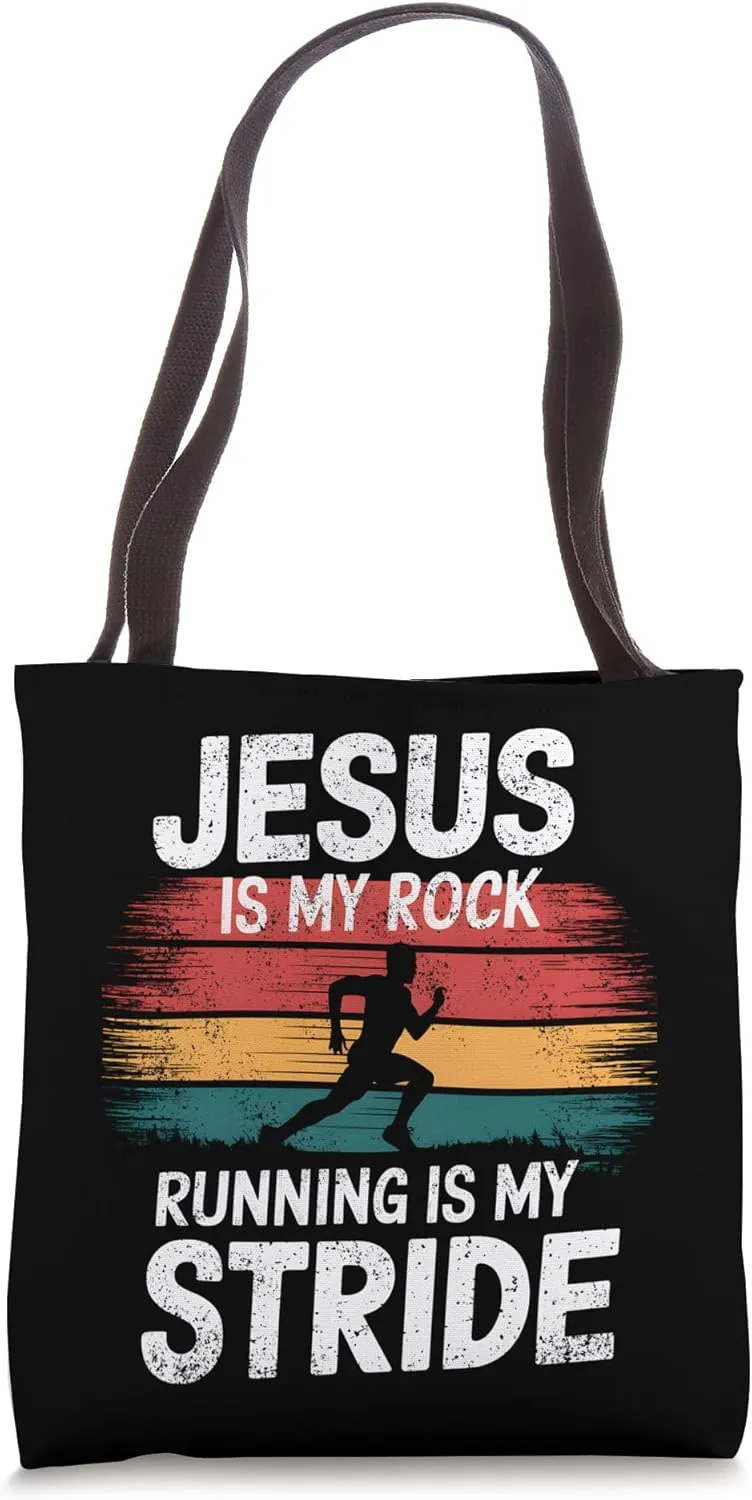 Jesus Is My Rock Running Is My Stride Christian Runner Tote Bag