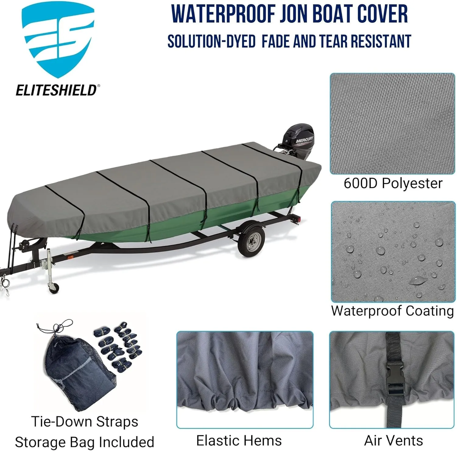 Jon Boat Cover, 600D Marine Grade Solution-Dyed Polyester Fade and Tear Resistant, Heavy Duty Waterproof and UV Protection Trailerable Jon Boat Cover 16ft Long